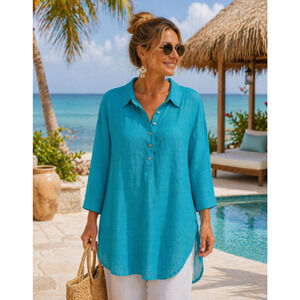 J.jill Womens Teal Linen Blouse Collared Button V-Neck Sz XL Tunic Beachy Resort